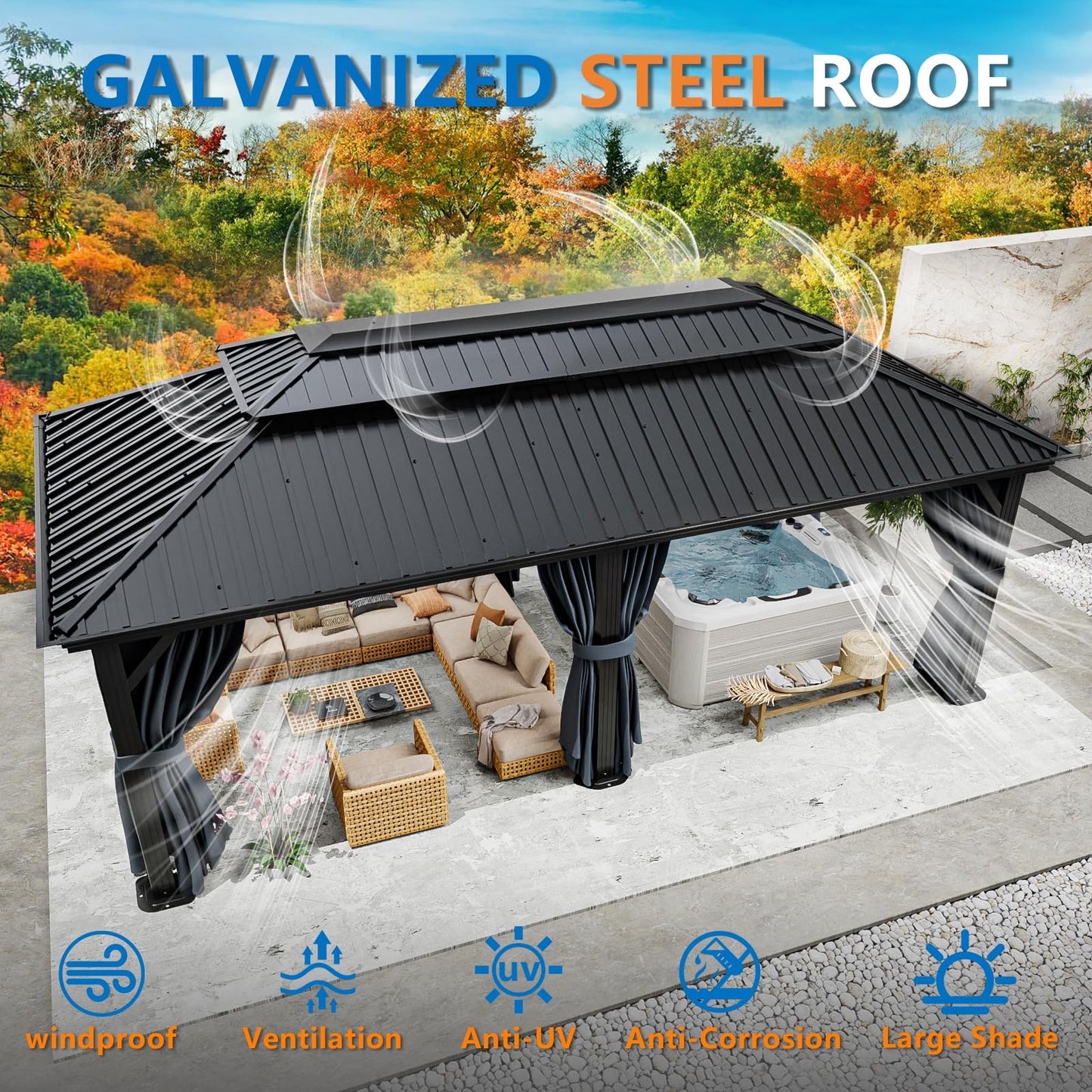 HOTEEL 12x20 Hardtop Gazebo on Clearance with Metal Roof & Gutter, Heavy Duty Galvanized Steel Patio Gazebo with Aluminum Frame, Privacy Curtains and Netting, for All-Weather, Black (2026 Upgraded)