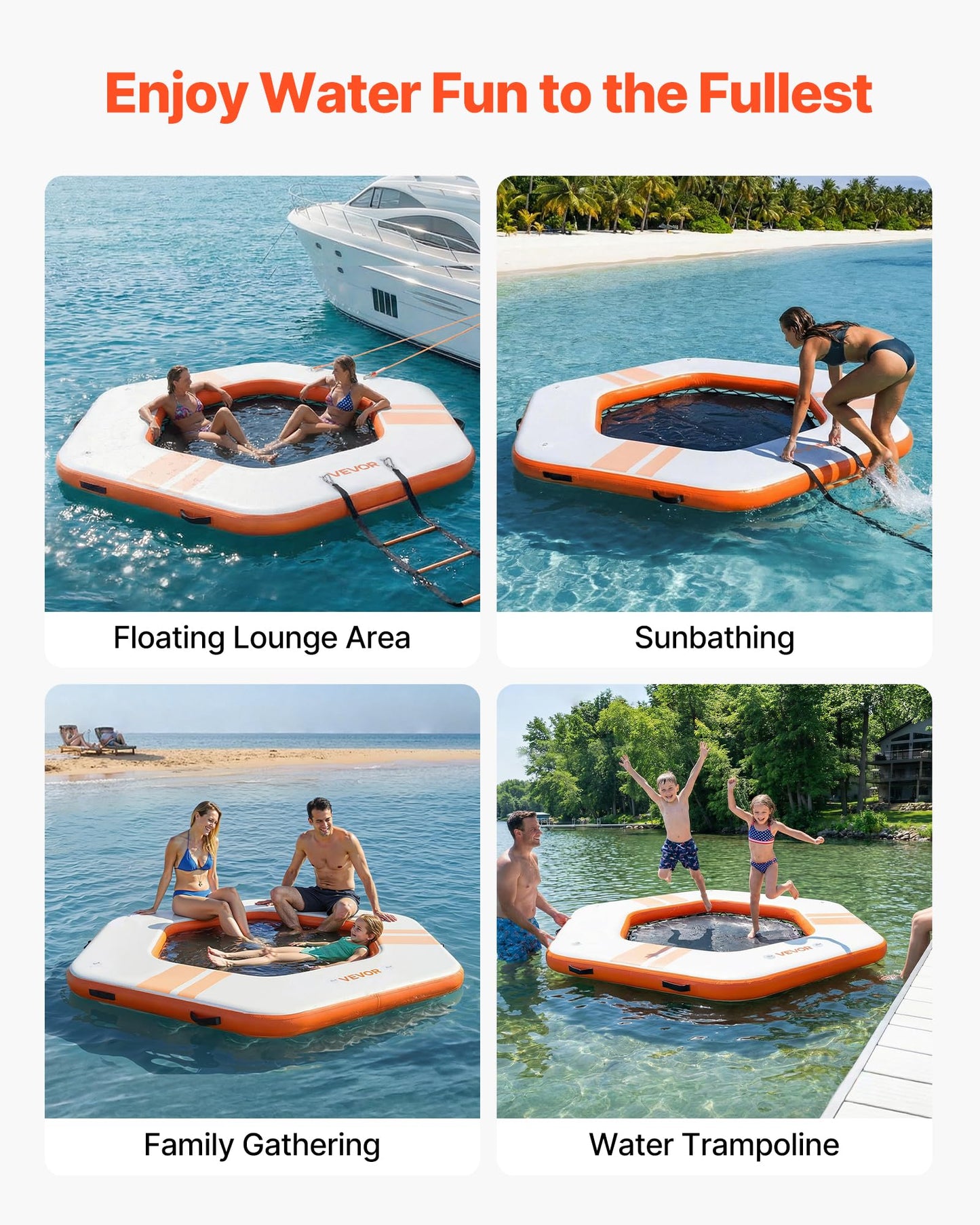 VEVOR Inflatable Floating Dock, 8.5x8.5 FT Inflatable Dock Platform, Non-Slip Water Mat with Portable Carrying Bag & Detachable Ladder, Floating Water Platform Island Raft for Pool Beach Ocean, Orange