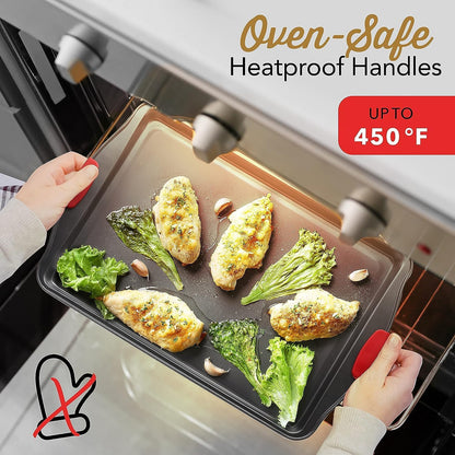 Skiennix Baking Sheet Set - 3-Piece Nonstick Cookie Sheets with Silicone Handles | Durable Steel Pans - Black