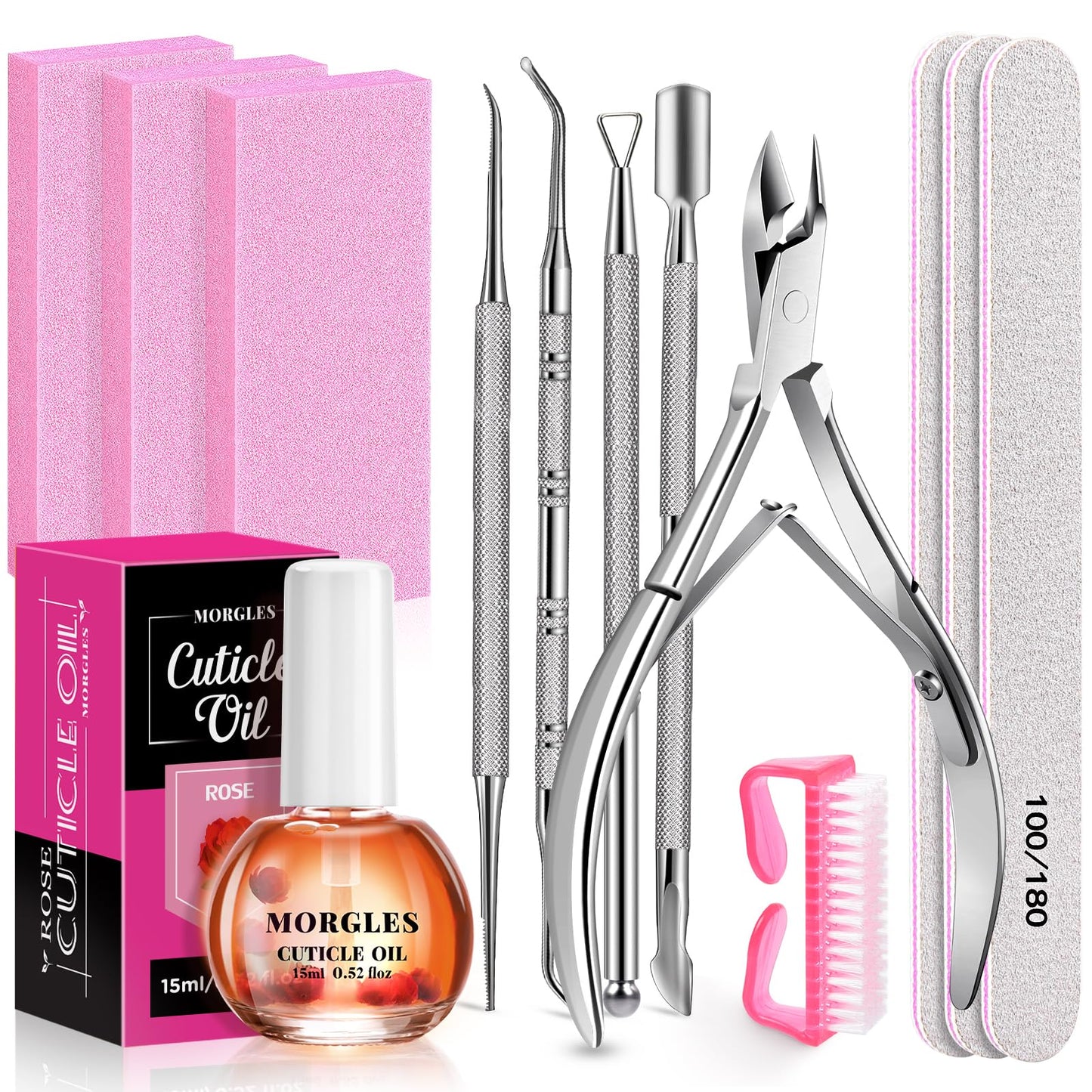 MORGLES Nail File and Buffer Blocks with Nail Care Kit, 13 Pcs Manicure Kit for Women with Milk and Honey Cuticle Oil and Cuticle Trimmer Set
