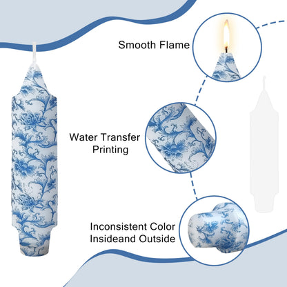 5 Inch Blue Flowers Chunky Taper Candles Short Handmade Blue and White Candle Sticks Smokeless Unscented Tapered Candles for Blue Wedding Present Spa Meditation Housewarming Home Decoration
