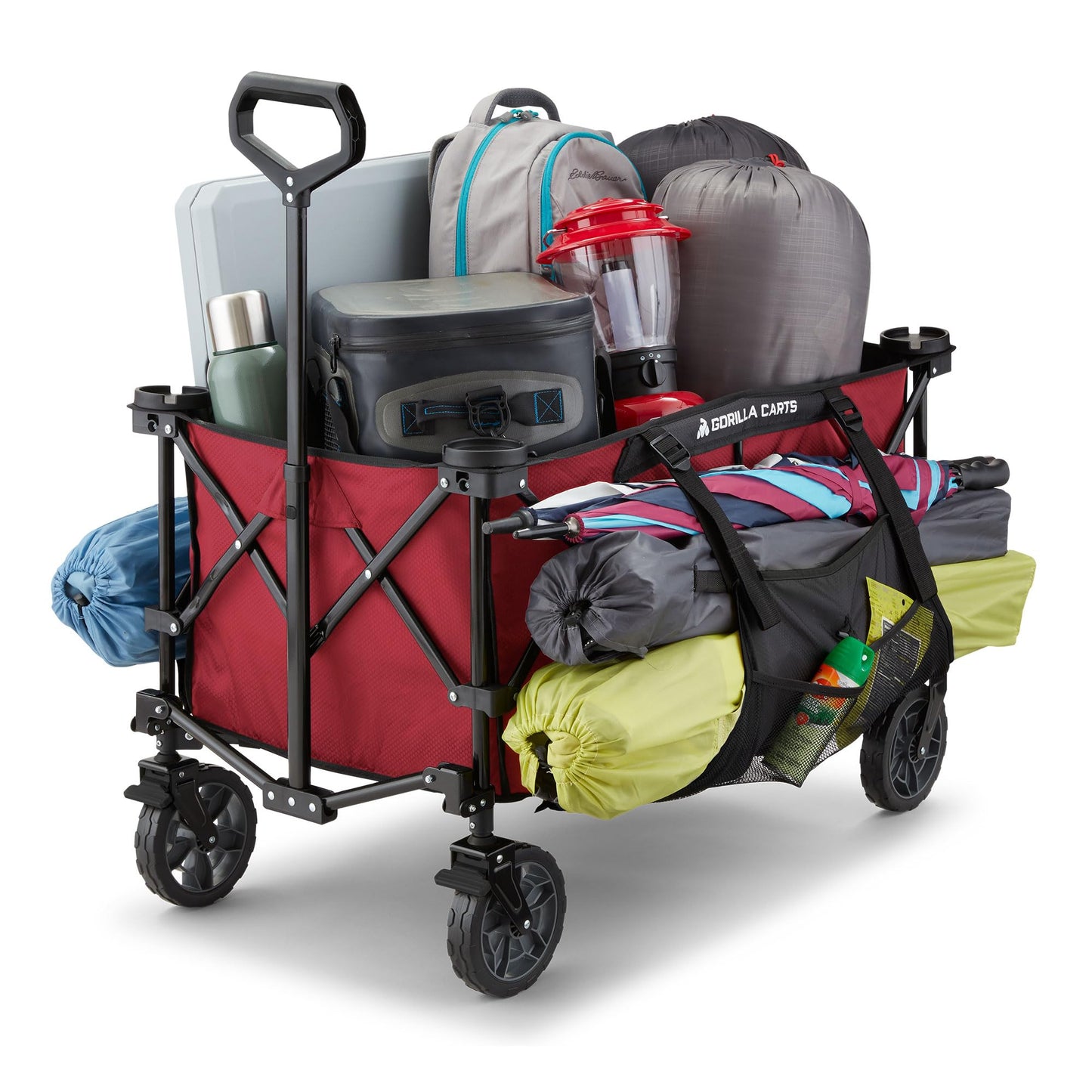 Gorilla Carts Collapsible Folding Outdoor Utility Wagon, 7 Cu Ft Oversized Bed, 150 lb Load Rating, Red – Foldable Rolling Cart w/ Pockets & Cup Holders for Beach, Camping, Sports or Picnic