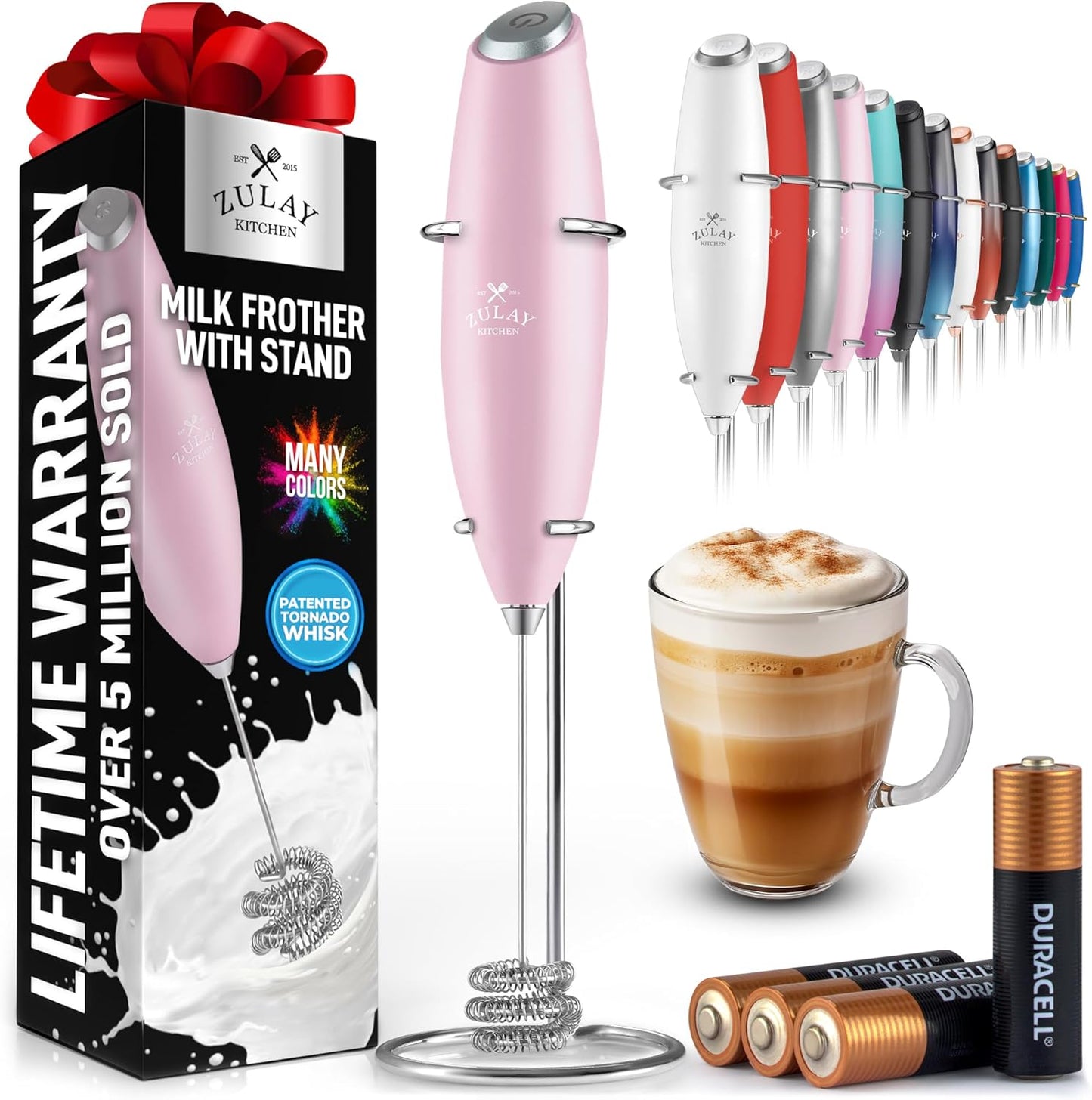 Zulay Kitchen Tornado Triple Whisk Milk Frother - Handheld Foam Maker for Coffee & Lattes - Includes 4 Duracell Batteries - Candy Color