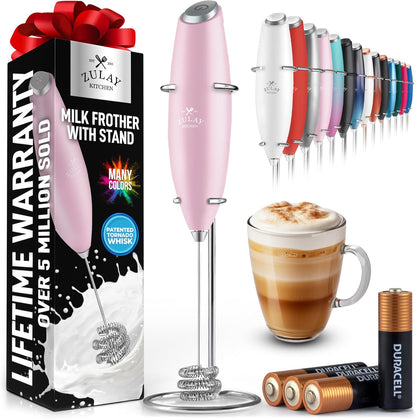 Zulay Kitchen Tornado Triple Whisk Milk Frother - Handheld Foam Maker for Coffee & Lattes - Includes 4 Duracell Batteries - Candy Color