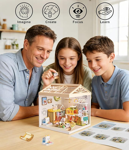 DIY Miniature Cat Pet Shop Dollhouse Kit with Dustproof Cover &amp Roof - Purrfect Tiny Animal Shelter Room with Led Lights - Creative Craft Set for Ages 14+