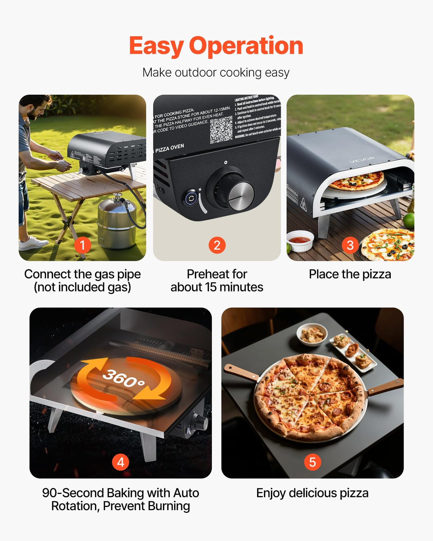 VEVOR Propane Outdoor Pizza Oven, 12 in Auto Rotating Propane Gas Pizza Ovens, Portable Pizza Cooker with Electric Rotation System, Carry Bag, Pizza Maker for Outside Backyard Patio Camping, Black