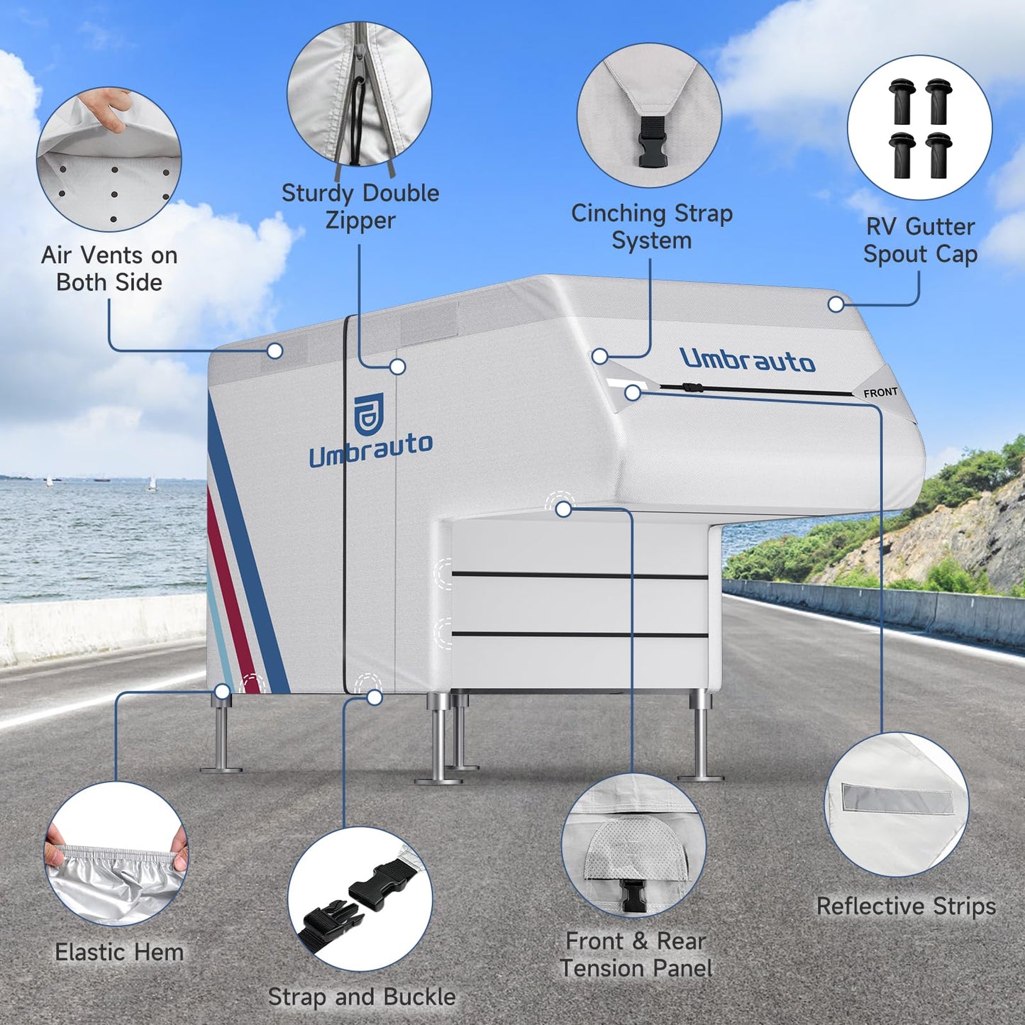 Truck Camper Cover for 10–12FT Slide-in Campers – 300D Oxford Waterproof RV Cover, Silver-Coated, All-Weather Protection with Windproof Straps & Air Vents