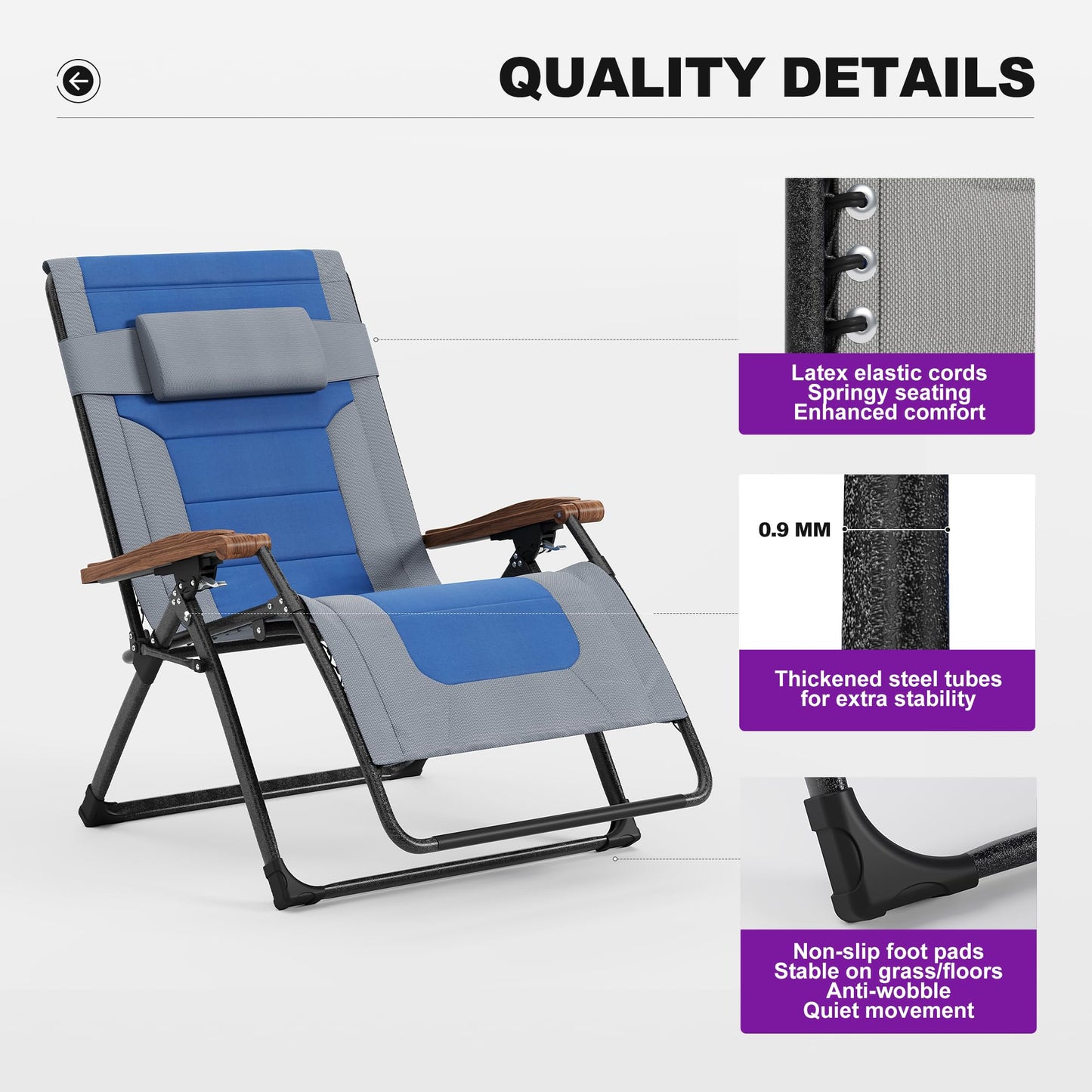 PURPLE LEAF Extra Wide Outdoor Reclining Chair Patio Zero Gravity Chaise Lounge Folding Chair with Quilted Cushion Adjustable Headrest for Lawn Camping Beach Pool Grey and Navy Blue