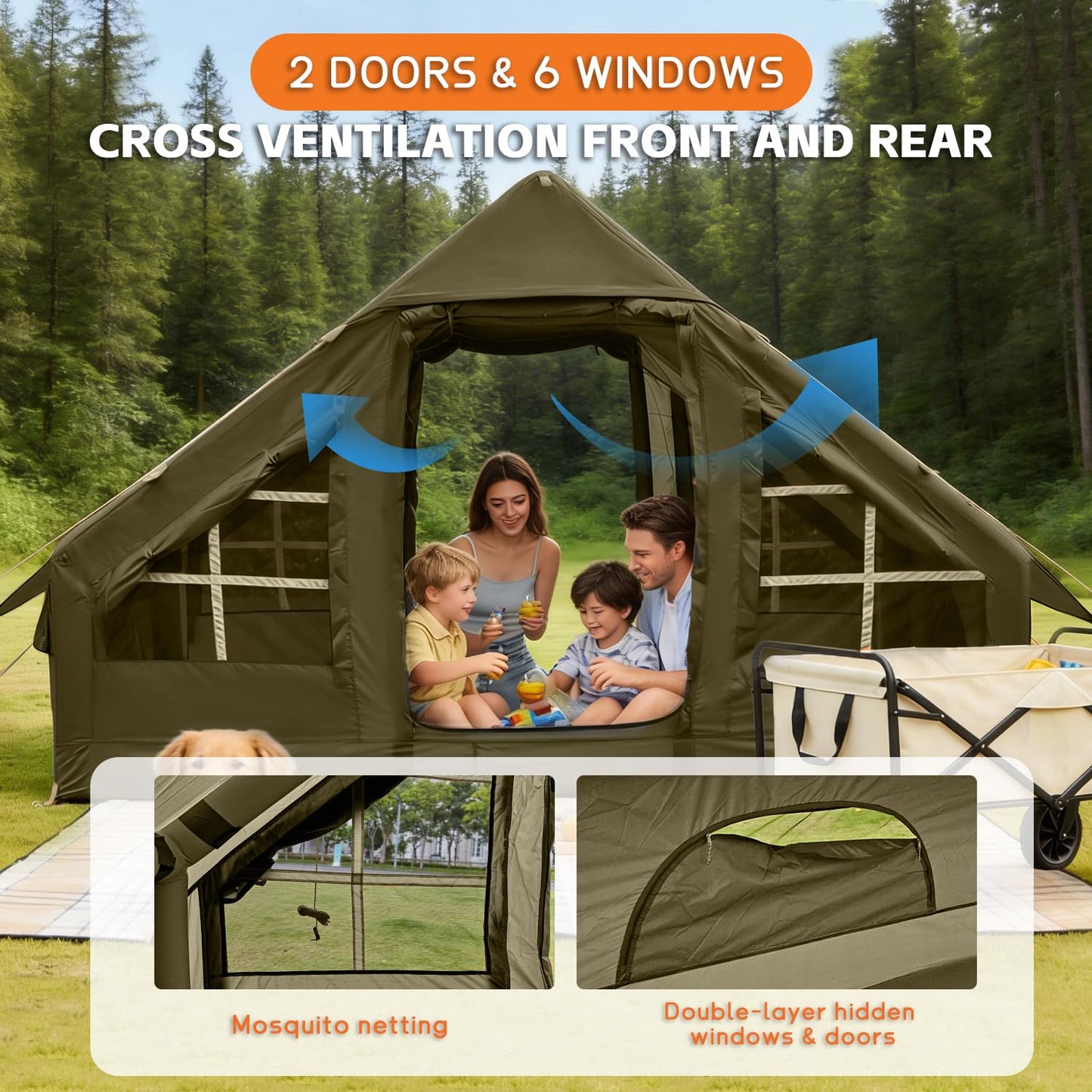 Inflatable Tents for Camping, 4-6 Person Easy Blow Up Tent with Hand Pump,4 Seasons Waterproof Air Inflatable Camping Tent,Hot Tent with Skylight and Stove Jack for Family Camping,Green