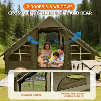 Inflatable Tents for Camping, 4-6 Person Easy Blow Up Tent with Hand Pump,4 Seasons Waterproof Air Inflatable Camping Tent,Hot Tent with Skylight and Stove Jack for Family Camping,Green