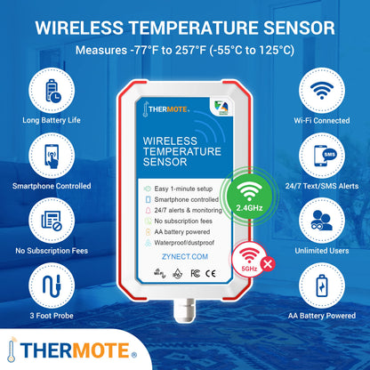 Zynect Thermote Wireless Remote Temperature Sensor. WiFi Thermometer Temperature Monitor. 24/7 Text/email alerts. Monitoring and History. Water/Dust Proof. No Subscription/Monthly Fees. Made in USA.