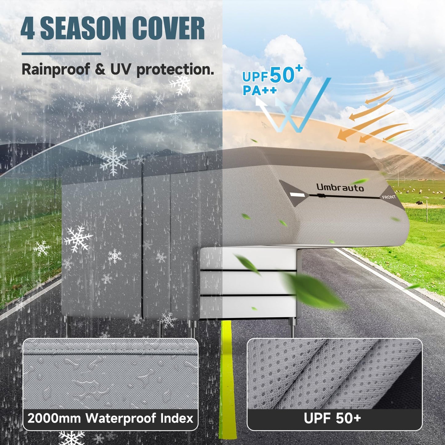 Umbrauto Truck Camper Cover Fits 10-12ft, 7-Layer Top RV Trailer Covers, Waterproof All Season Protection with Gutter Cover, Windproof Straps