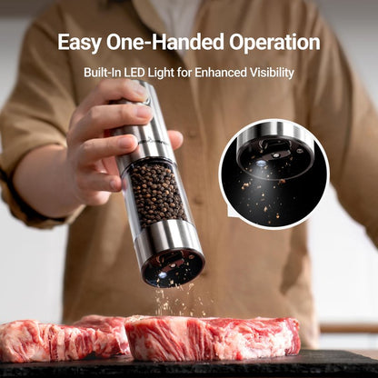 ThermoMaven Upgraded Larger Capacity Electric Salt and Pepper Grinder Set, 110ml Rechargeable Salt and Pepper Shaker with LED Light, Stainless Steel Automatic Pepper Mill with 6 Adjustable Coarseness