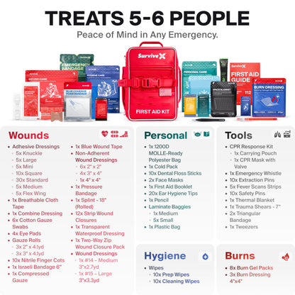 SurviveX Large Pro First Aid Kit for Car, Travel & Home - Emergency Kit for Hiking, Camping, Backpacking and Outdoors - Includes Zip Stitch Wound Closure Strips