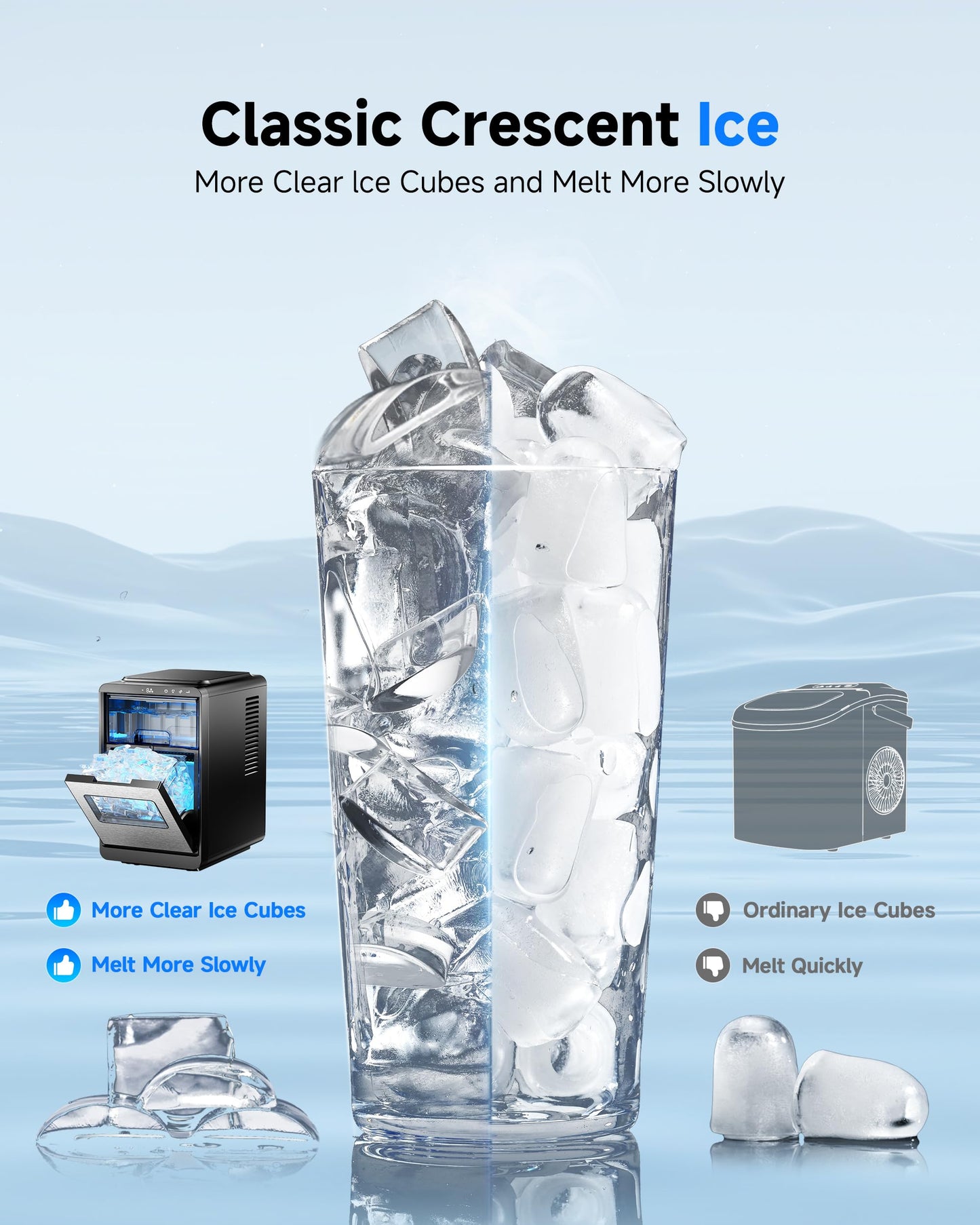 ICEVIVAL Crescent Ice Maker Countertop, 35Lbs/24H, Clear Ice Maker with Self-Cleaning & Timer, 16 Crystal-Clear Ice in 12 Mins, Countertop Ice Makers for Home, Office or Party