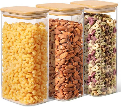 ComSaf Glass Storage Containers - 1.8 Qt Rectangle Jars with Bamboo Lids for Food & Pantry Organization