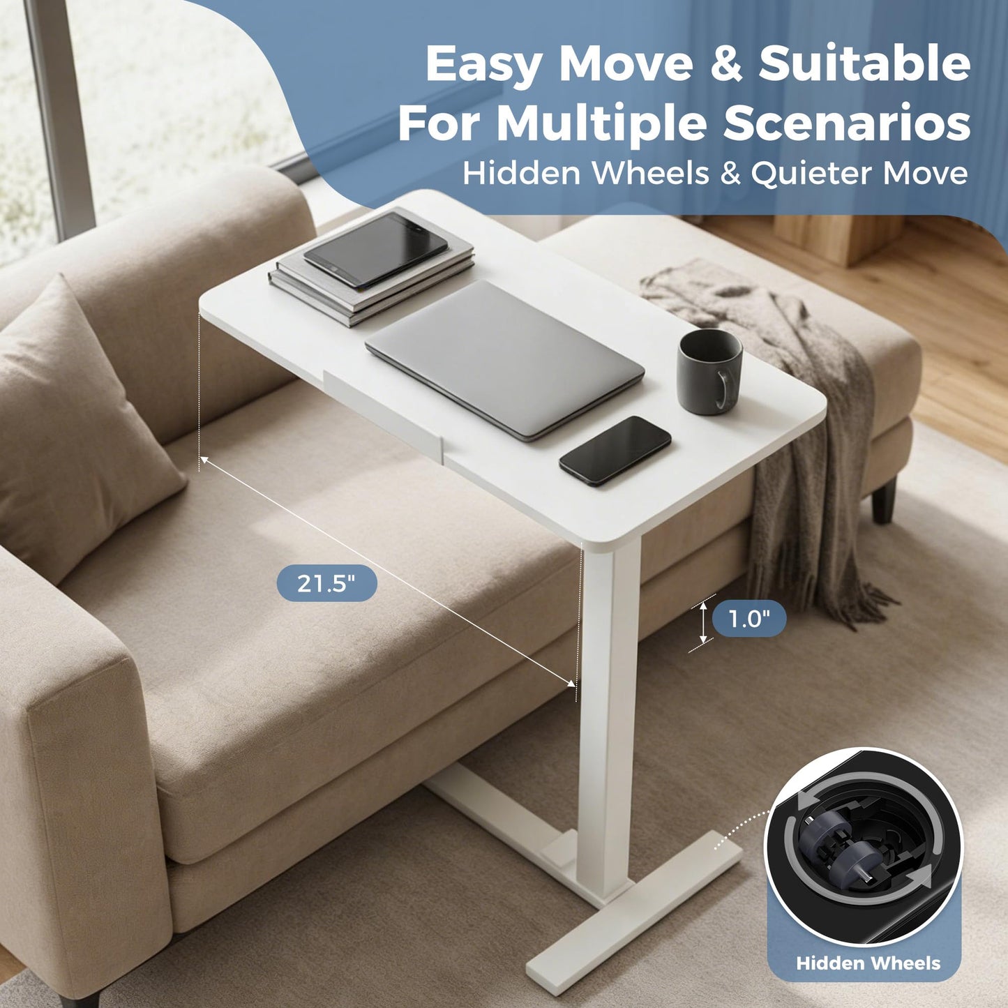 HAPPYMONT Adjustable Overbed Bedside Table with Hidden Wheels, Mobile Standing Desk with Pneumatic Lift, Portable Computer Workstation Cart for Bed, Couch, Office, Sofa, White