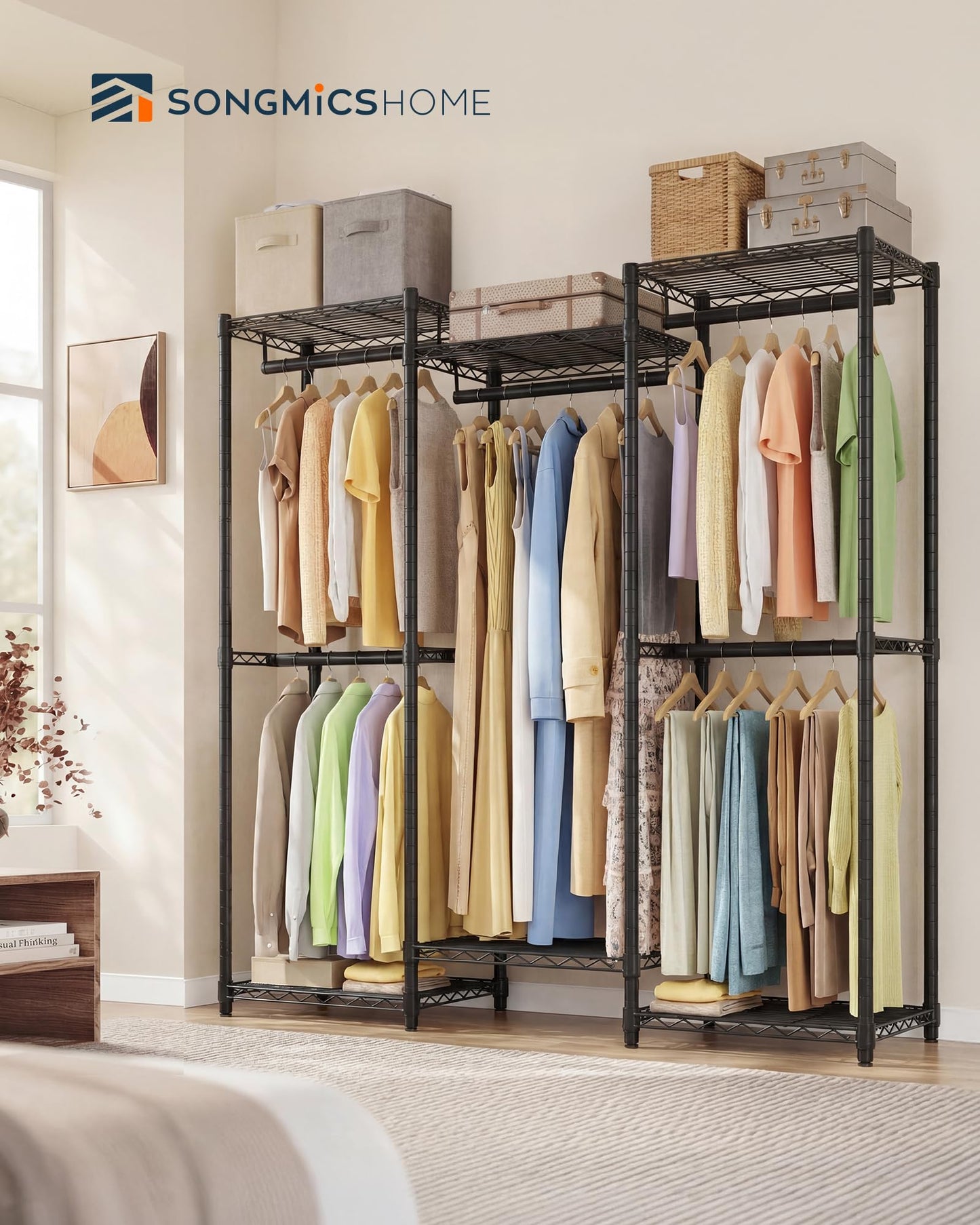 SONGMICS HOME Heavy-Duty Clothes Rack, Metal Closet Organizers and Storage System, Freestanding Wardrobe Closet Garment Rack with Shelves, 16 x 57.1 x 76.2 Inches, Black