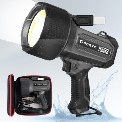 FORTO Rechargeable Spotlight 10,000 Lumen Ultra Bright IPX7 Waterproof Flashlight, Boat Spotlight with EVA Carrying Case Tripod, 7 Light Modes Handheld Spotlight Flashlight for Marine Boat Hunting