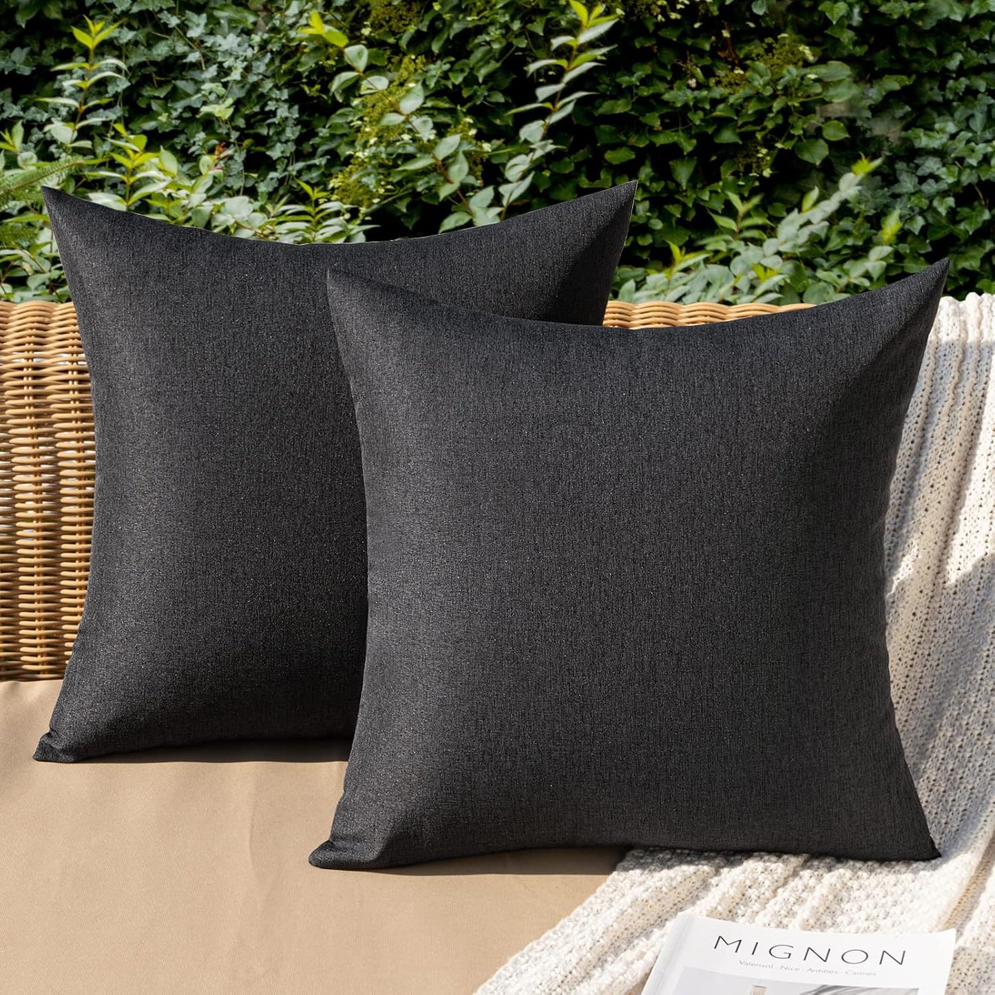 MIULEE Decorative Outdoor Throw Pillow Covers - Waterproof Faux Linen Cushion Cases | 26x26 Inch Black, Set of 2