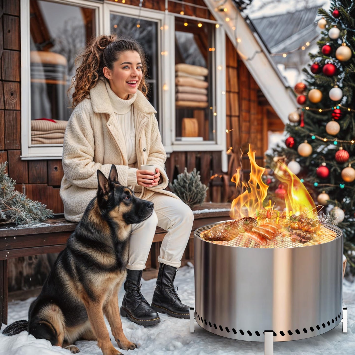 HGD 28" Smokeless Firepit with Stand & Grill Rack, Large Stainless Steel Wood Burning Fire Pit for Friends & Family Gatherings, Secondary Combustion Outdoor Patio Stove for BBQ & Bonfire