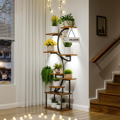 VECELO 66.1" Tall Plant Stand Indoor with Grow Lights, 9-Tier Plant Shelf with Hanging Hooks, S-Shaped Metal Plant Rack, Space-Saving for Home, Living Room & Corner Spaces, Brown
