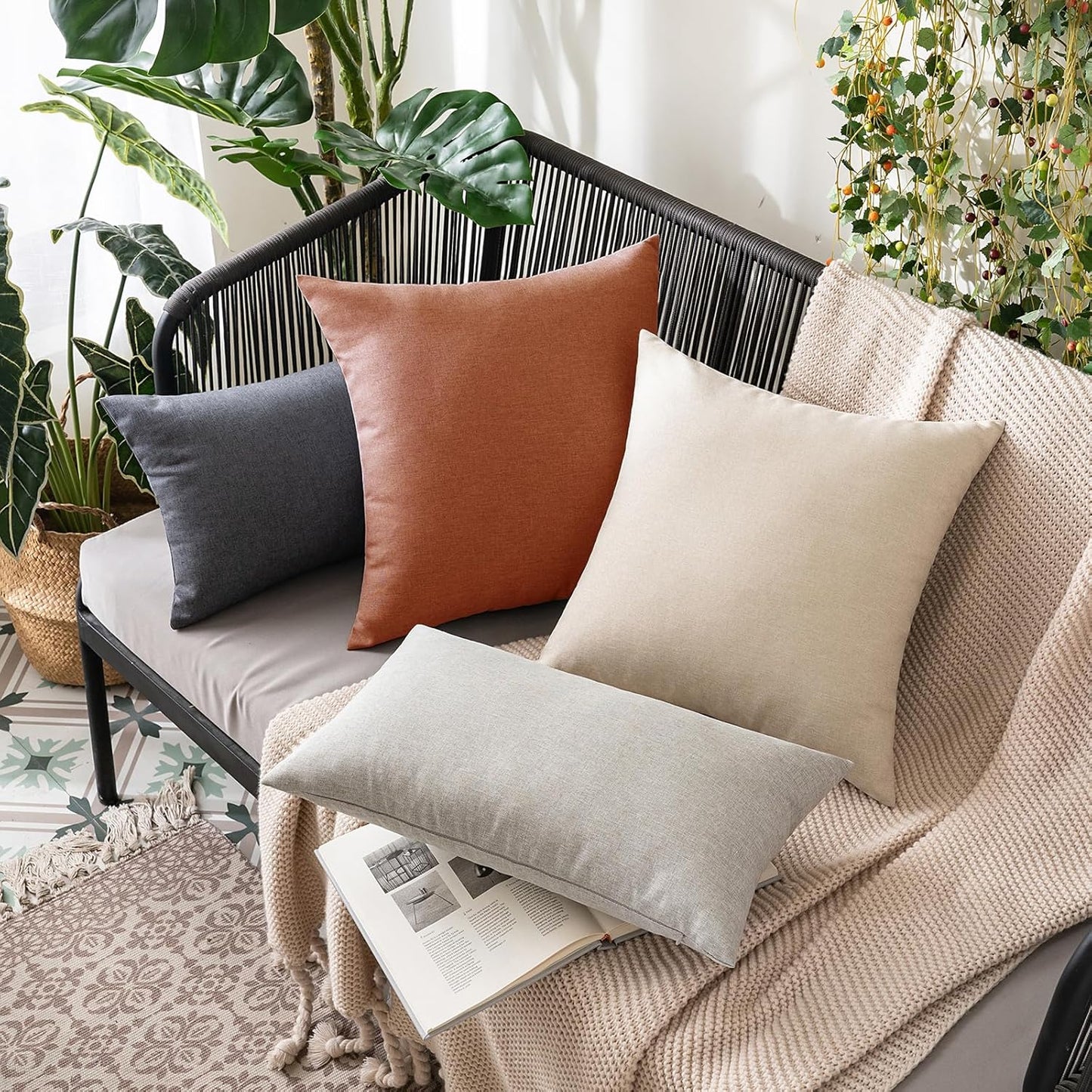 MIULEE Decorative Outdoor Throw Pillow Covers - Waterproof Faux Linen Cushions | 24x24 Inch Rust - Perfect for Summer Patio & Garden