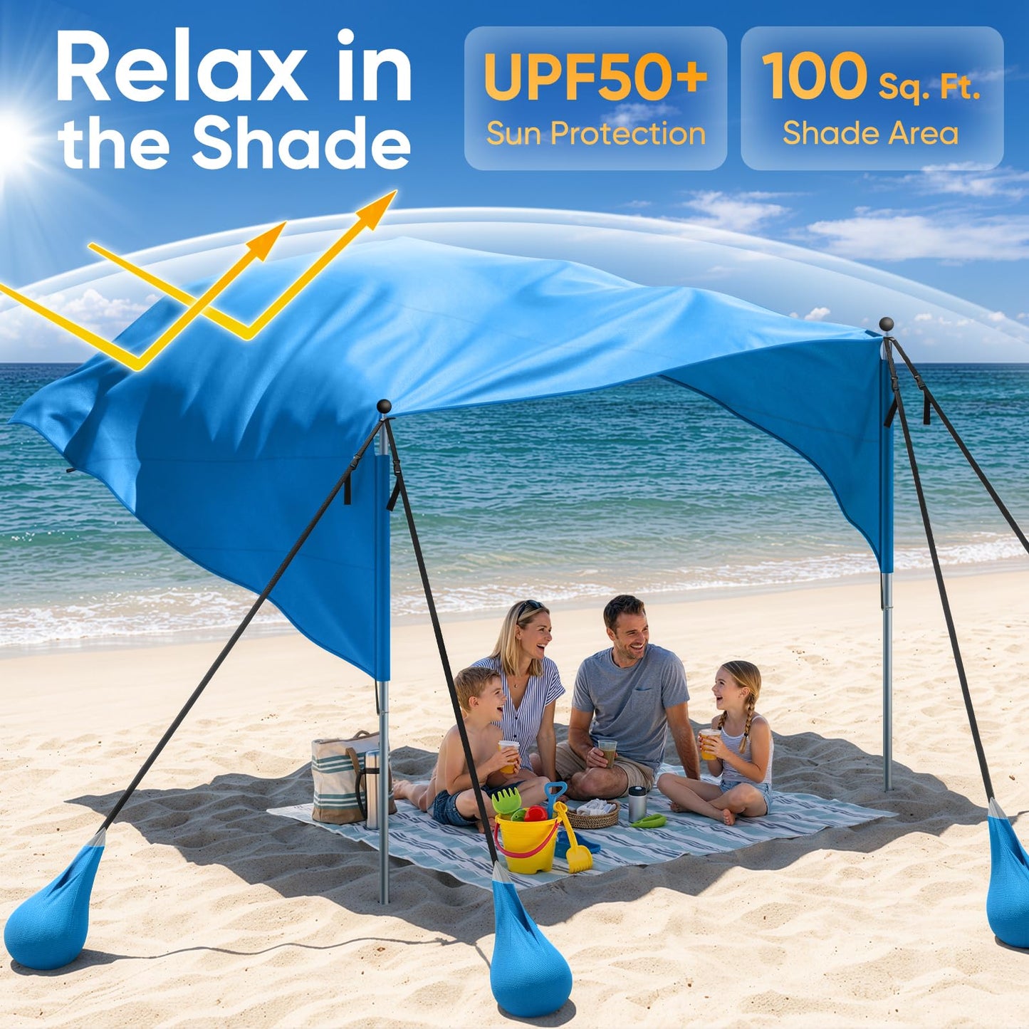 MoKo Beach Shade Canopy, 100 Sq.Ft. Wind-Supported Sunshade Sail for 4-6 People, Lightweight Easy Setup Beach Tent with UPF 50+ Sun Protection for Family Travel Coastal Trips, Blue