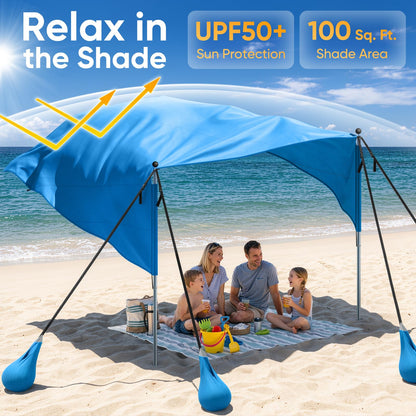 MoKo Beach Shade Canopy, 100 Sq.Ft. Wind-Supported Sunshade Sail for 4-6 People, Lightweight Easy Setup Beach Tent with UPF 50+ Sun Protection for Family Travel Coastal Trips, Blue