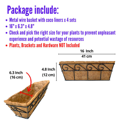 LaLaGreen Wall Mounted Planters - 16 Inch, 4 Pack Window Flower Boxes Basket Outdoor, Balcony Planter Over the Rail, Deck Railing Hanging with Coco Liners, Metal Horse Troughs Fence Patio Porch