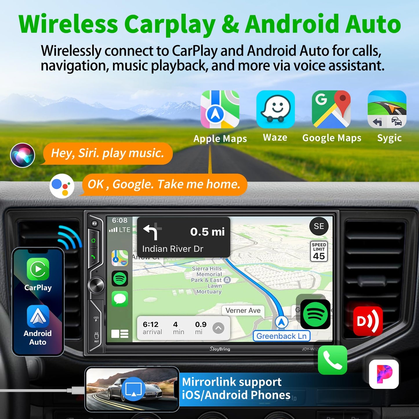 SJoyBring [QLED Screen Upgrade] 7" Double Din Car Stereo with Dash Cam, Wireless Apple CarPlay and Android Auto, Bluetooth, 240W 4.2-Channel Audio Output, MirrorLink, Backup Camera, AM/FM Car Radio