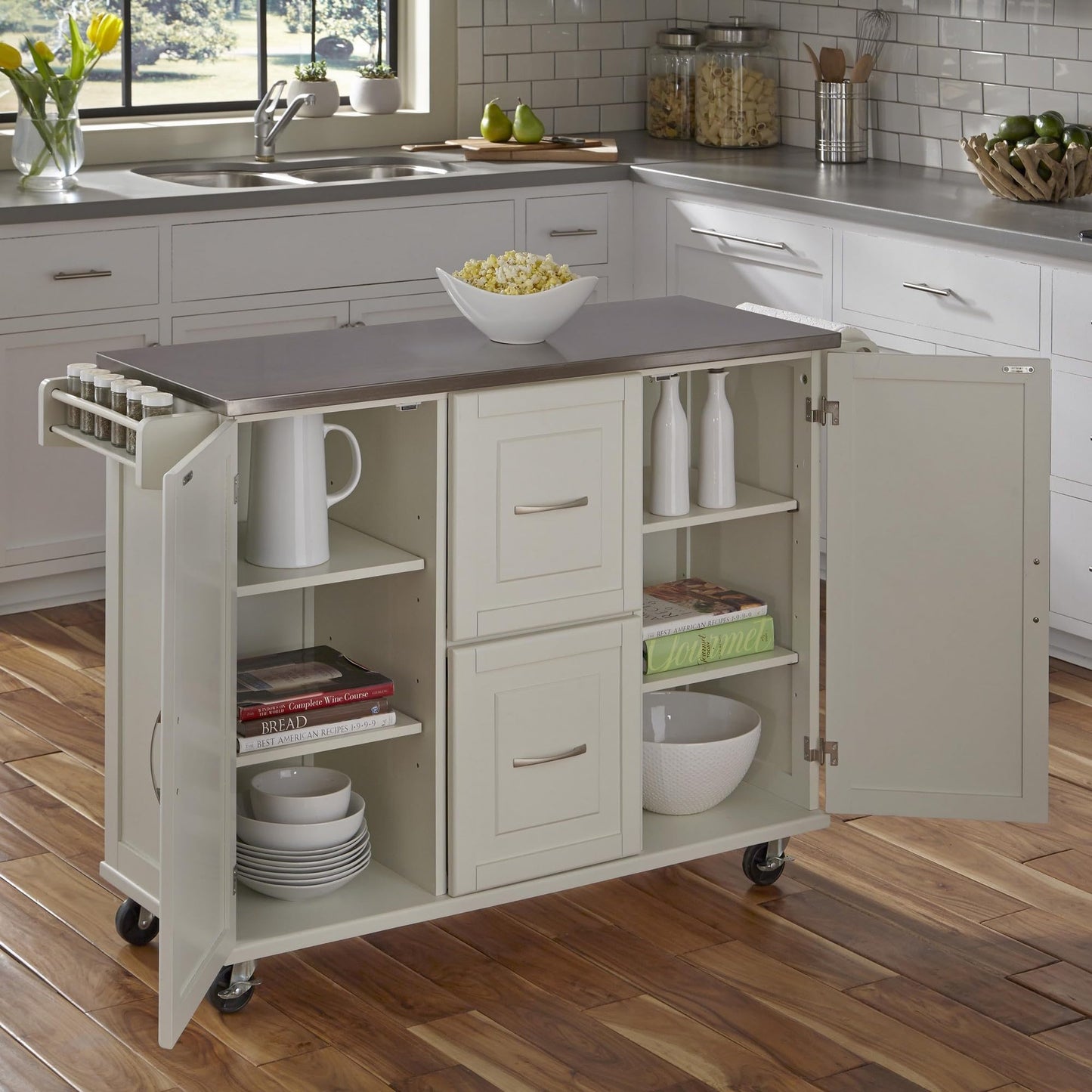 Homestyles Dolly Madison Off-White Mobile Kitchen Cart with Stainless Steel Top
