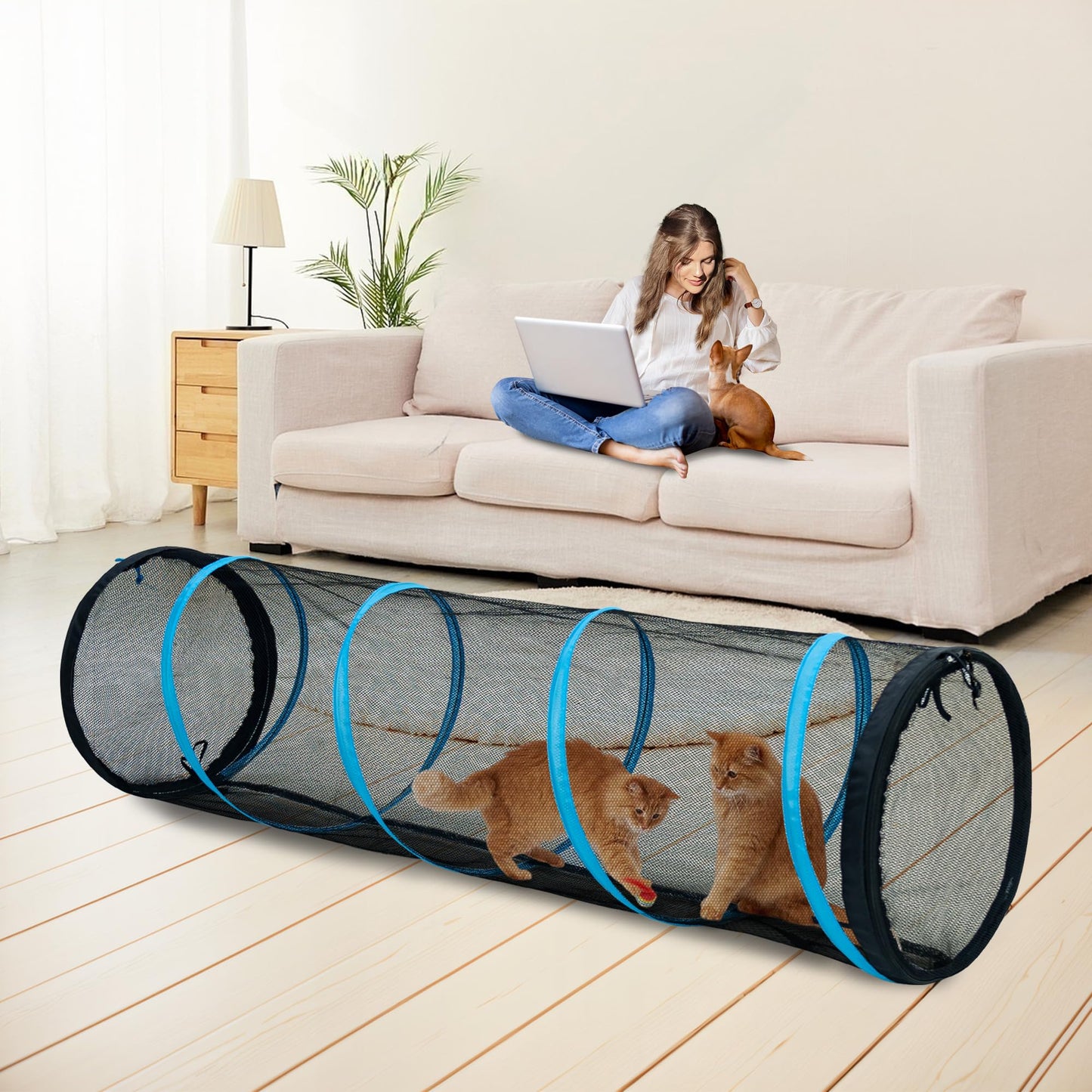 ITENT Cat Play Tunnel-for Indoors and Outdoors,Cat Tunnel Outdoor, Kitty Outdoor Enclosure, Cat Enclosures Easy to Connect with Two Zipper Doors,Product Size 59'' x 18'',3pcs /Set,Blue,3 Packs