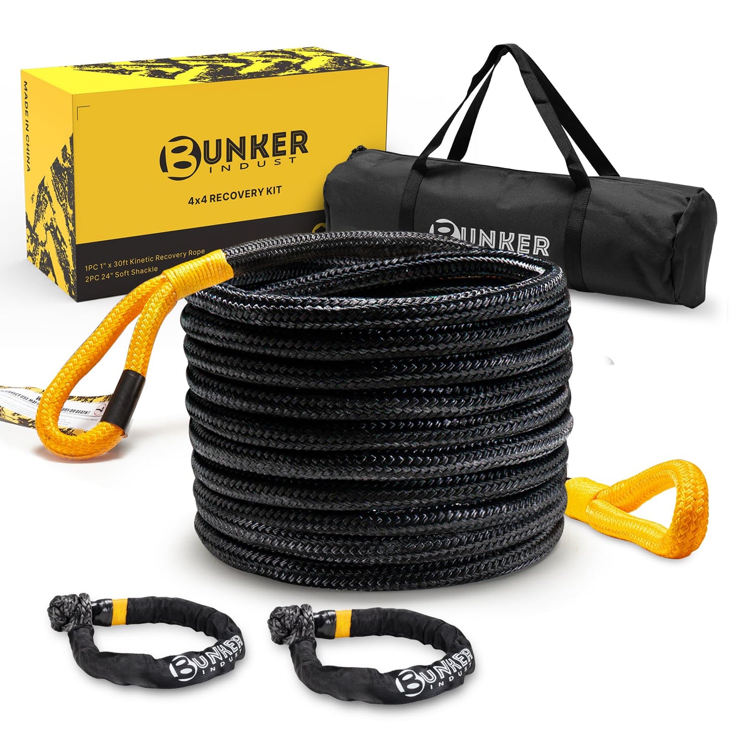 BUNKER INDUST Off-Road Traction Boards Red + 1"×30ft Kinetic Recovery Rope with 2 Soft Shackles Kit