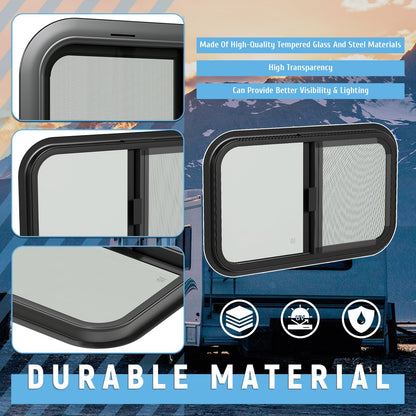 HECASA RV Window with Screen, 24inx15in, Tempered Glass, Black, Model MO-1725, Compatible with RV Camper Cargo Trailer Teardrop