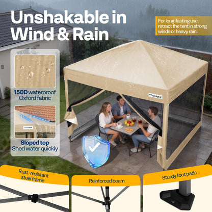 VIVOHOME 10x10ft Easy Pop-Up Canopy, Outdoor Screen Tent with Mosquito Netting, 2 Zipper Doors, and Roller Bag for Yard Camping Picnic Party Events, Beige
