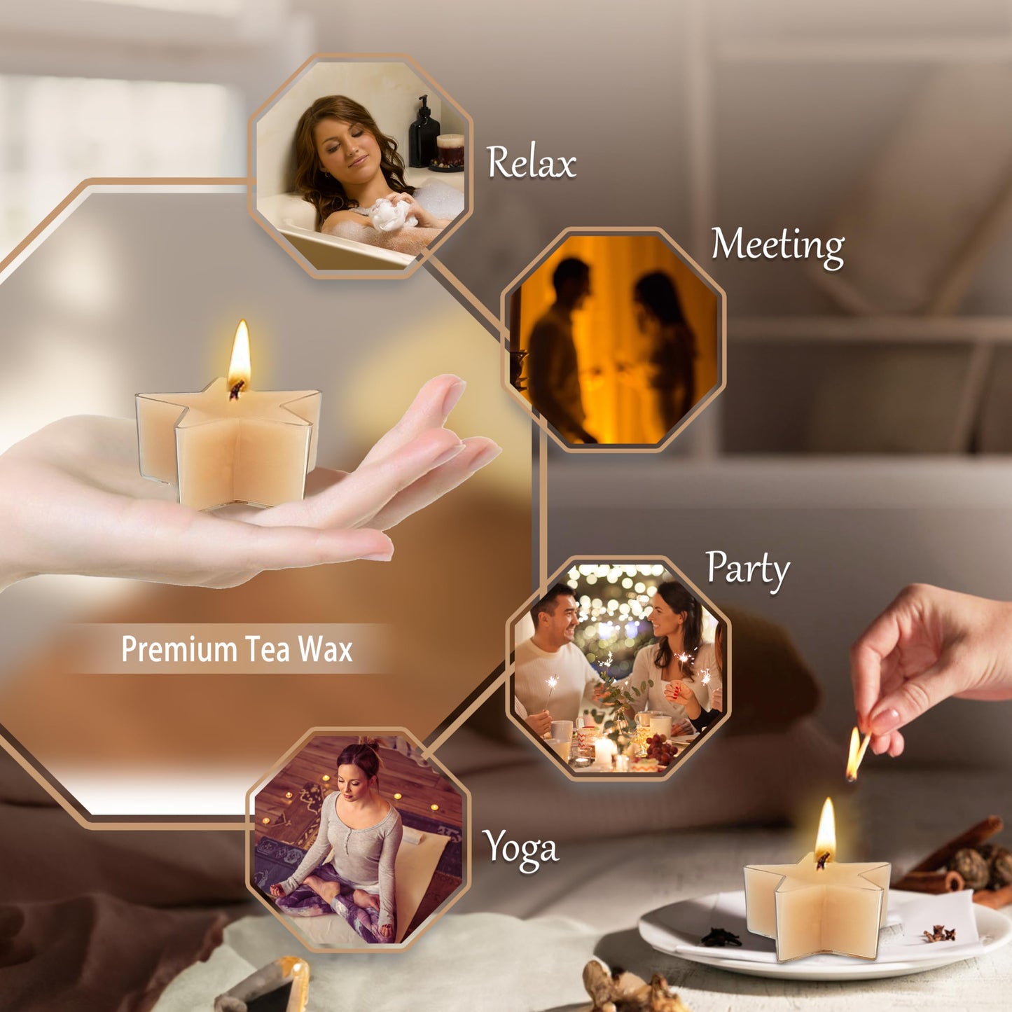 Earth Tone Star Tea Lights Set of 12, Coffee Scented Tealight Candles, Handmade Tea Candles, Long Burning Tealights for Romantic Wedding Home Decor Gift