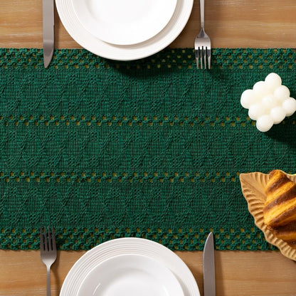 Socomi Boho Table Runner Macrame Easter Spring Farmhouse Woven Cotton Linen Rustic Coffee Table Runner with Tassels for Dresser Scarf Home Decor Dining Room 12x90 inch Emerald Green