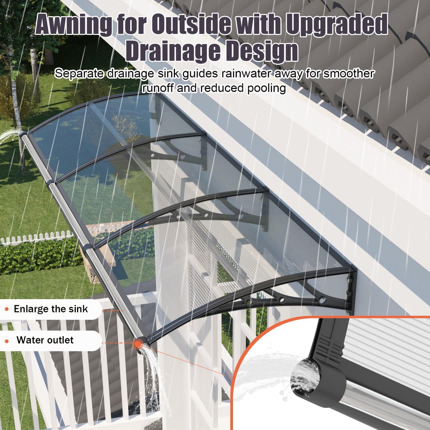 JYJNHOME Window and Door Awning Exterior,40x60 Inch Polycarbonate Spliced Outdoor Overhang Canopy with Drainage,UV/Rain/Snow/Sunlight Protection,Awnings for Outside,Patio,Porch,Deck,House Entrance