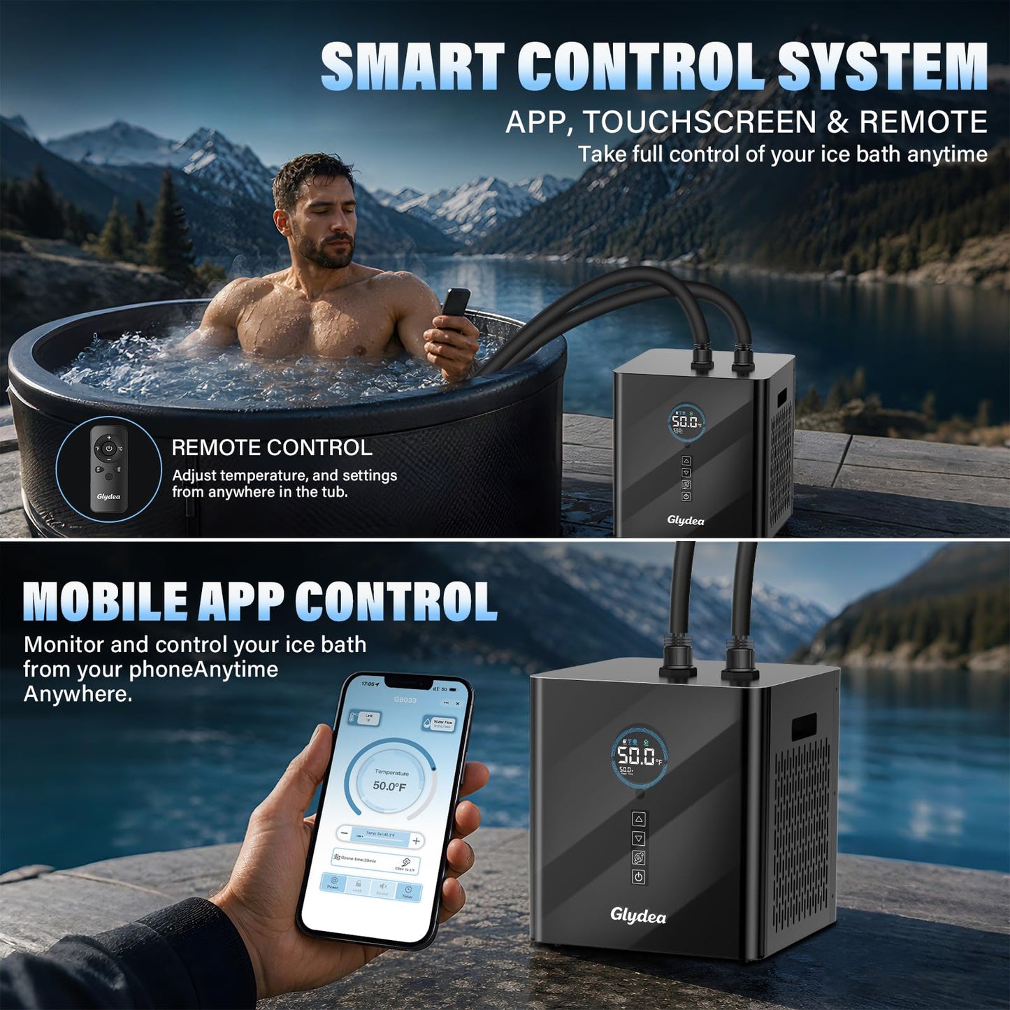Ice Bath Chiller for Cold Plunge Tubs, 1/3HP 330W Glydea Cold Plunge Water Chiller with Built-in Ozone Function, 24/7 Water Flow, Dual Filtration, Upgraded Hose and Pump, Large LED Color Display