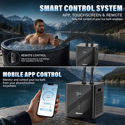 Ice Bath Chiller for Cold Plunge Tubs, 1/3HP 330W Glydea Cold Plunge Water Chiller with Built-in Ozone Function, 24/7 Water Flow, Dual Filtration, Upgraded Hose and Pump, Large LED Color Display