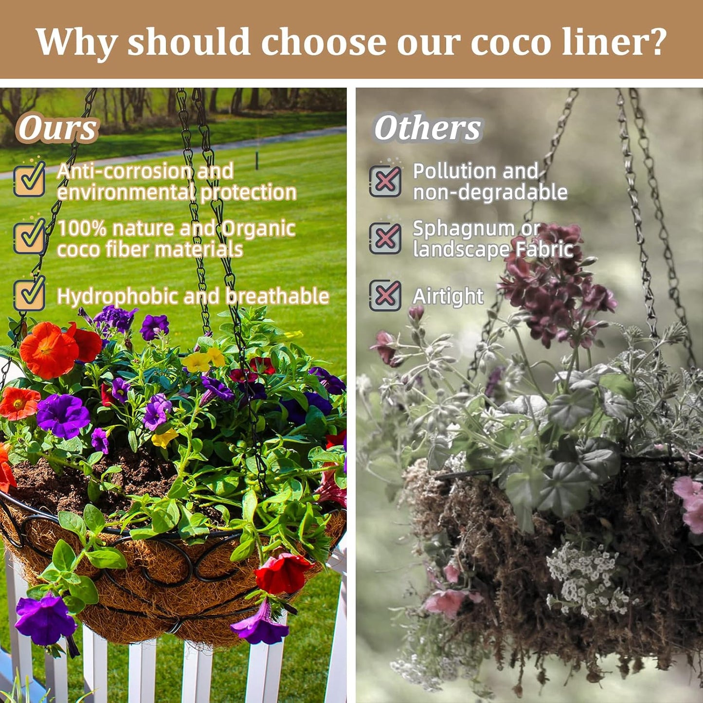 Legigo 14-Inch Coco Fiber Hanging Basket Liners - 4 Pack of 100% Natural Round Plant Liners