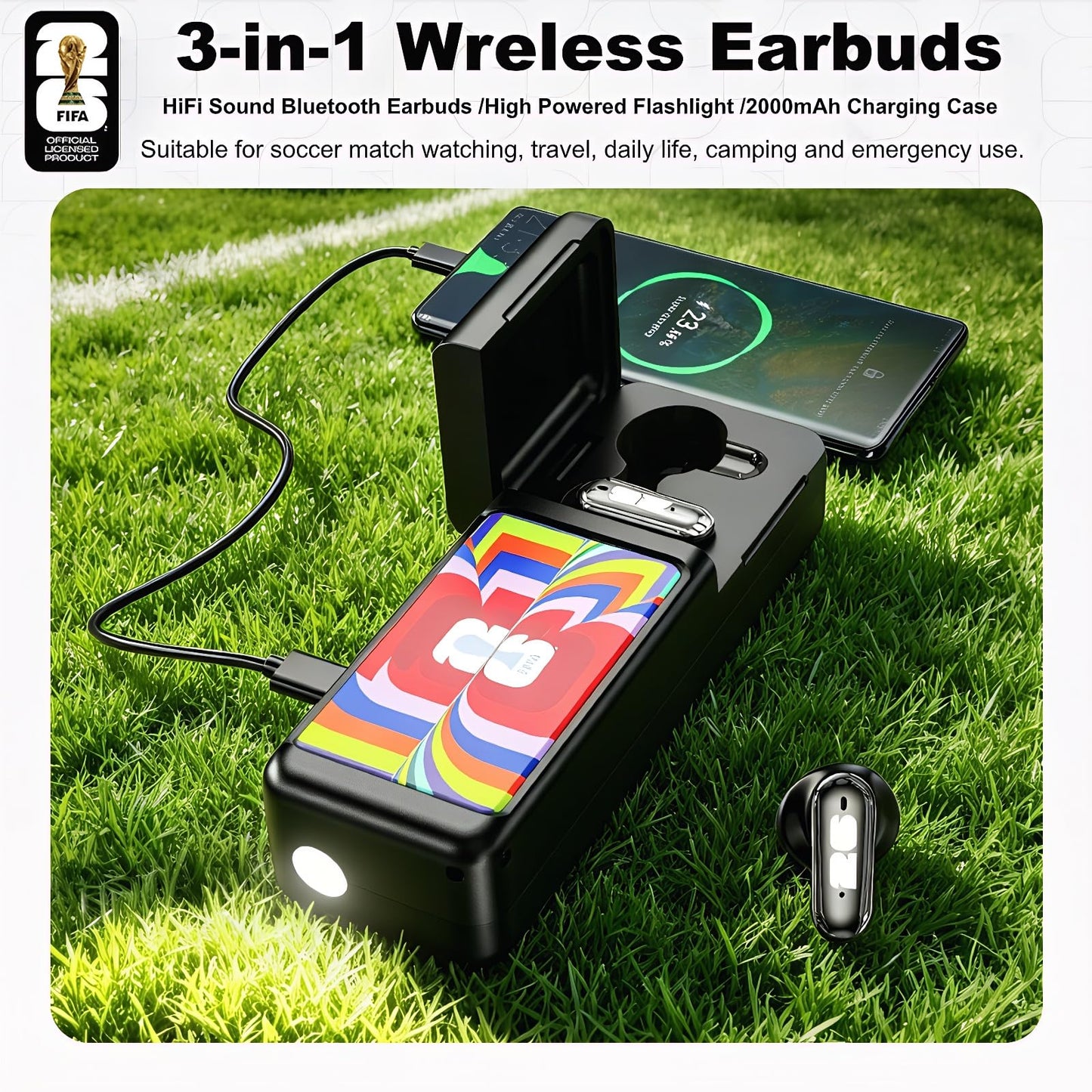 Covbozk FIFA World Cup 2026 Licensed 5-Gear Wind Handheld Turbo Fan and 3-in-1 Wireless Earbuds Flashlight for Outdoor Travel