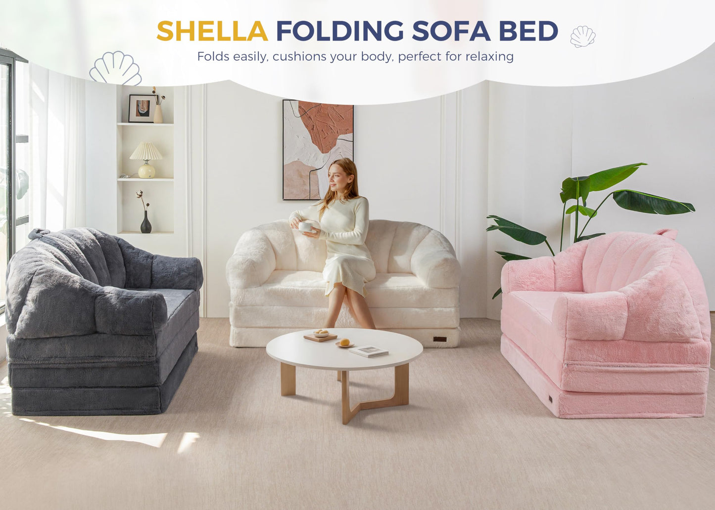 MAXYOYO Folding Sofa Bed, 2 in 1 Convertible Sofa to Lounger Comfy Loveseat Bean Bag Chair for Adults, Floor Couch with Handle, Faux Fur Couch Bed for Living Room Bedroom, Beige, Loveseat