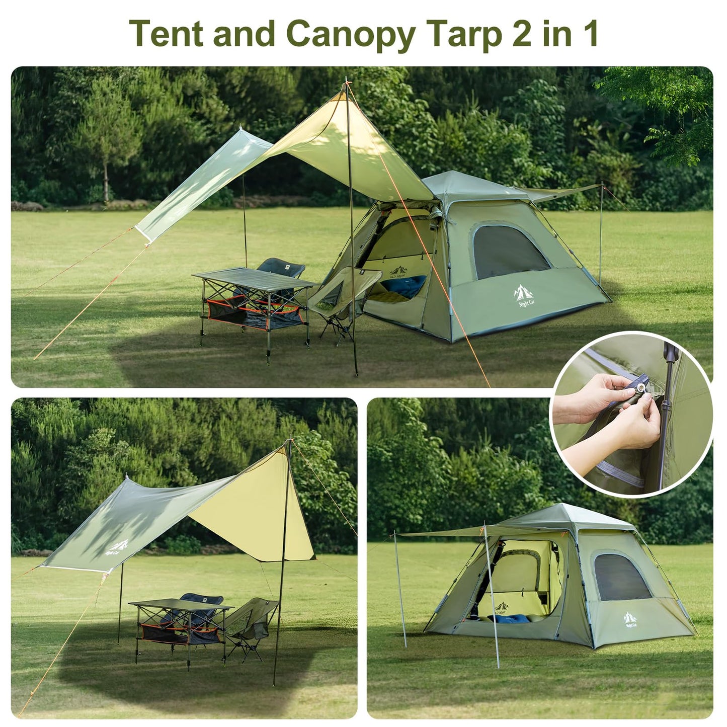Night Cat 3-Person Camping Tent: Waterproof Instant Cabin Tent with Canopy Tarp for Family, 2-in-1 Canopy Tent with Porch Easy Setup