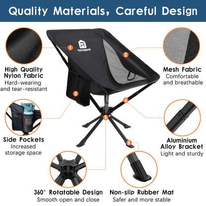 Raynesys Portable Camping Chair 2 Pack, 8 Seconds Quick Setup Folding Camping Chair, Flexible 360° Rotation, 3.8Lb Lightweight Travel Chairs for Easy Carry to Hiking, Sporting, Travel, Beach