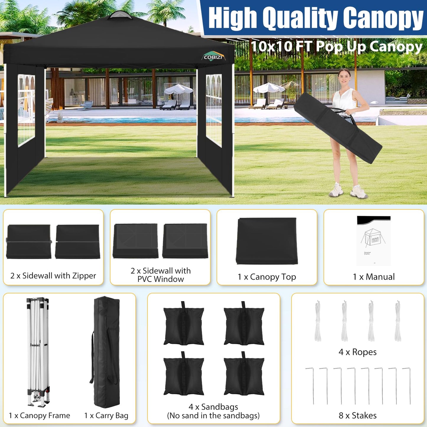 COBIZI 10x10 Pop Up Canopy Tent, One Push Outdoor Gazebo with 4 Removable Sidewalls & Air Vent, Waterproof Commercial Easy Up Adjustable Canopy with 4 Sandbags, 4 Stakes & 8 Ropes for Party,Black
