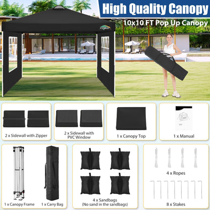 COBIZI 10x10 Pop Up Canopy Tent, One Push Outdoor Gazebo with 4 Removable Sidewalls & Air Vent, Waterproof Commercial Easy Up Adjustable Canopy with 4 Sandbags, 4 Stakes & 8 Ropes for Party,Black