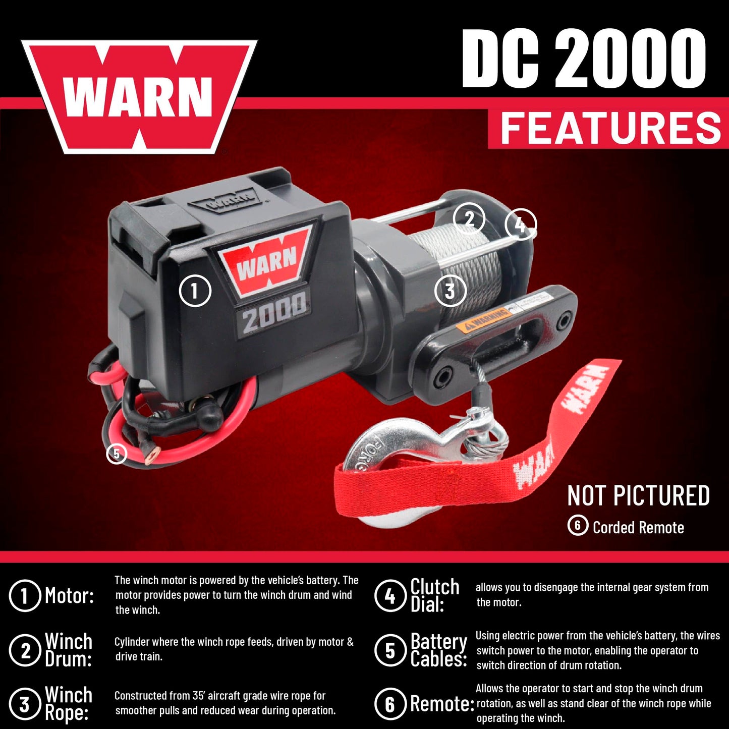 WARN 2000 DC 12V Electric Winch, 2000 lb Pulling Capacity | Steel Cable, Hook & Corded Remote | Portable, Compact Power for Trailers, ATVs, Workshops, and General Utility Lifting & Pulling