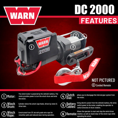 WARN 2000 DC 12V Electric Winch, 2000 lb Pulling Capacity | Steel Cable, Hook & Corded Remote | Portable, Compact Power for Trailers, ATVs, Workshops, and General Utility Lifting & Pulling